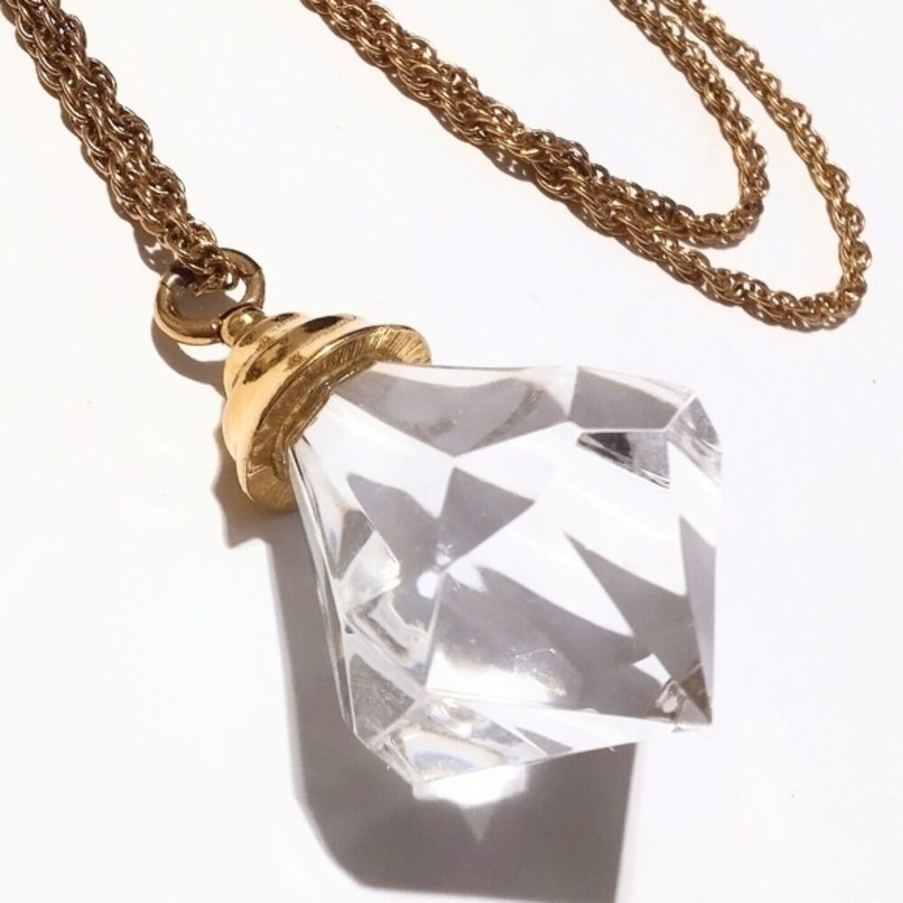 Gold Tone Faux Crystal Drop Pendant Necklace 28" Chain - Picture 7 of 7